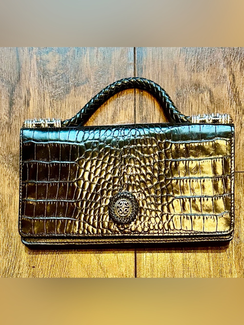 VTG Brighton Black Croc Embossed Leather Organizer Wallet Clutch Mirror NWOT